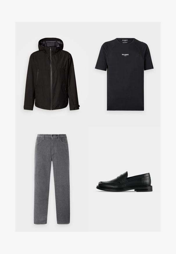 Must musta, millel on kapuuts, lukk, kaks tõmblukuga küljetaskut ja reguleeritavad mansetid. Sile tekstuur, kaasaegne disain.; Must have lühikeste käistega must T-särk, mis on valmistatud siledast kangast, laeva kaelusega ja rinnal valge "SILENCE" logo.; Hallid puuvillased püksid sirge lõikega, millel on kaks eesmist taskut, nupuga sulgemine ja tekstuuriga vertikaalsed sooned.; Meeste mustast nahast penny loafer madala virnastatud kontsa ja ümarate varvastega, külgvaates heleda halli taustal.