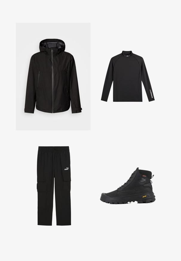 Veste légère noire avec capuche, fermeture éclair, deux poches latérales zippées et poignets ajustables. Texture lisse, design moderne.; Haut de sport noir à manches longues avec col montant, coupe ajustée, et logo blanc "J.Lindeberg" sur la manche gauche et le col.; Pantalons cargo noirs en tissu léger. Dotés d'une taille élastique, de deux poches latérales et d'un logo Puma blanc sur le côté gauche.; Baskets montantes noires avec une surface texturée, dotées d'un design imperméable, d'un système de laçage et d'une semelle en caoutchouc proéminente avec la marque Vibram.