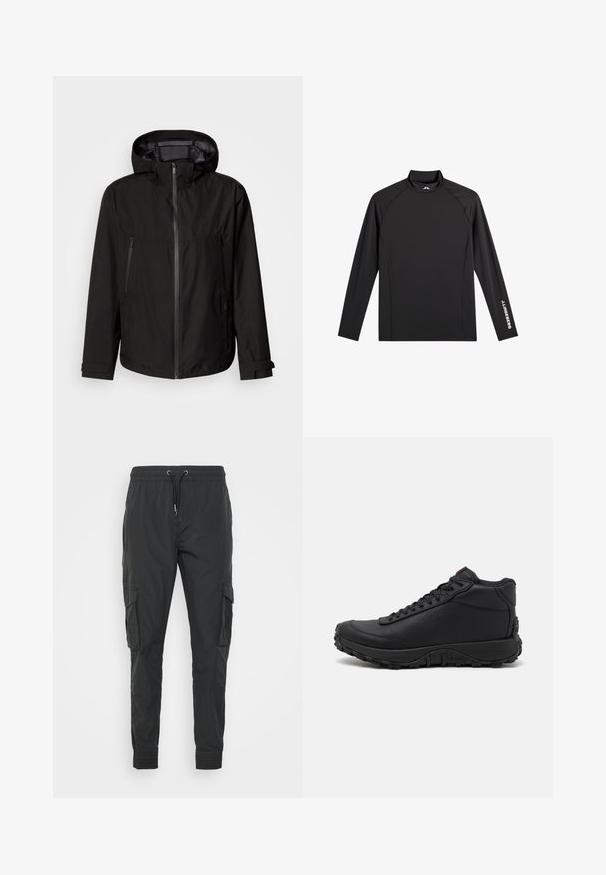 Chaqueta ligera negra con capucha, cierre de cremallera, dos bolsillos laterales con cremallera y tiras ajustables en los puños. Textura suave, diseño moderno.; Camiseta negra deportiva de manga larga con cuello alto falso, corte ajustado y logo blanco "J.Lindeberg" en la manga izquierda y el cuello.; Pantalones cargo negros hechos de un tejido ligero, con una cintura ajustable con cordón, puños elásticos y dos bolsillos laterales.; Zapatillas altas negras hechas de cuero texturizado, con suela de goma gruesa con patrones de tracción y diseño de cordones. Acabado en rojo en la lengüeta.