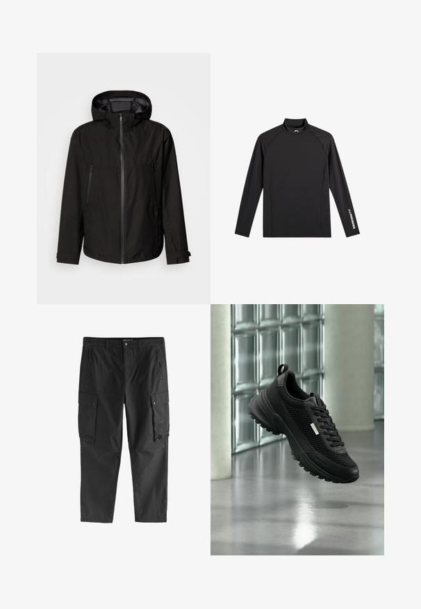 Zwarte lichtgewicht jas met capuchon, ritssluiting, twee zijzakken met rits en verstelbare mouwbanden. Gladde textuur, modern ontwerp.; Zwart sporttopje met lange mouwen, opstaande kraag, slim fit en witte "J.Lindeberg"-logo op linkerarm en kraag.; Zwarte cargobroek met ritssluitingen op de voorzakken, knoopsluitingen op de zijflapzakken en riemlussen, weergegeven tegen een witte achtergrond.; Zwarte sportieve sneaker met mesh zijkanten en dikke zool, die binnen zweeft nabij glasblokken en zuilen op een gladde vloer.