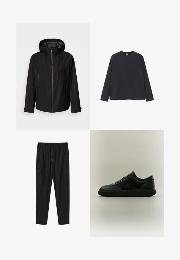 Veste légère noire avec capuche, fermeture éclair, deux poches latérales zippées et poignets ajustables. Texture lisse, design moderne.; Chemise noire à manches longues avec col rond et manches raglan, présentée à plat sur un fond blanc.; Pantalon cargo noir avec ceinture élastique, cordon de serrage, deux poches latérales zippées et deux poches à rabat zippées sur les cuisses.; Baskets basses noires à lacets, semelle épaisse et logo "cK" discret sur le côté, sur un fond beige uni.