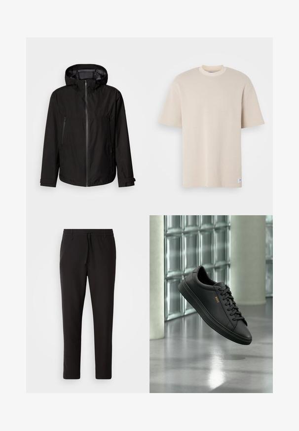 Schwarze leichte Jacke mit Kapuze, Reißverschluss, zwei Reißverschlusstaschen an den Seiten und verstellbaren Ärmelriemen. Glatte Textur, modernes Design.; Beige geripptes T-Shirt mit rundem Halsausschnitt und kurzen Ärmeln, versehen mit einem sichtbaren Markenlabel in der unteren linken Ecke.; Schwarze Jogginghose aus glattem Stoff. Mit einem elastischen Bund und Kordelzug, schmal zulaufenden Beinen und ohne sichtbare Taschen. Einfaches Design.; Schwarzer flacher Ledersneaker mit schwarzen Schnürsenkeln und goldenem BOSS-Logo an der Seite, schwebend über einem glänzenden grauen Boden in einem modernen Innenraum.