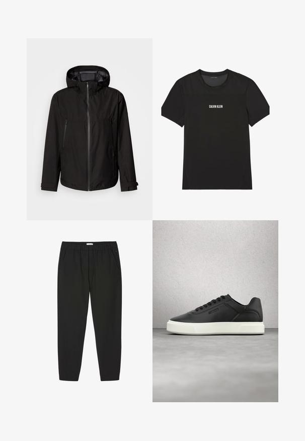 Veste légère noire avec capuche, fermeture éclair, deux poches latérales zippées et poignets ajustables. Texture lisse, design moderne.; Chemise noire à manches courtes Calvin Klein avec tissu en maille aux épaules et en haut de la poitrine, avec le nom de la marque imprimé en blanc au centre de la poitrine.; Pantalon noir avec taille élastique, jambes droites et poches latérales, conçu pour un usage décontracté ou professionnel.; Baskets en cuir noir avec semelle en caoutchouc blanche, bout arrondi et lacets plats. Accents texturés sur les côtés, design minimaliste.