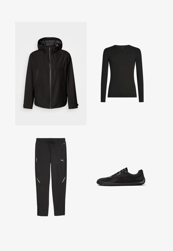 Sort letvægtsjakke med hætte, lynlås lukning, to lynlåslommer på siden og justerbare manchetter. Glat tekstur, moderne design.; Sort, tætsiddende langærmet T-shirt med rund hals og et diskret Icebreaker-logo på venstre ærme, vist på en hvid baggrund.; Sorte Puma træningsbukser med elastisk talje, snor, lynlåslommer i siderne og hvidt Puma-logo på højre ben.; Sort sneaker med lav profil, mesh-overdel, snørelukning og fleksibel gummisål vist fra siden mod hvid baggrund.