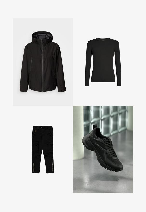 Sort letvægtsjakke med hætte, lynlås lukning, to lynlåslommer på siden og justerbare manchetter. Glat tekstur, moderne design.; Sort, tætsiddende langærmet T-shirt med rund hals og et diskret Icebreaker-logo på venstre ærme, vist på en hvid baggrund.; Sorte cargo-bukser lavet af bomuld, med sidelommer, lynlåse ved anklerne og en regular-fit design.; Sort atletiksneaker med tekstureret sål og snørebånd, svævende over en grå gulv med væg af glasblokke i baggrunden.