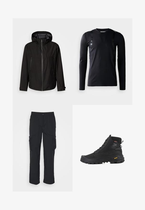 Chaqueta ligera negra con capucha, cierre de cremallera, dos bolsillos laterales con cremallera y tiras ajustables en los puños. Textura suave, diseño moderno.; Camisa deportiva de manga larga negra hecha de un tejido suave y elástico. Presenta detalles en negro brillante en los hombros y un logo de Adidas en el pecho.; Pantalones cargo negros hechos de tejido tejido. Cuenta con una cinturilla ajustable, bolsillos laterales y dos bolsillos de utilidad con cremalleras.; Botas altas negras con superficie texturizada, que cuentan con un diseño impermeable, sistema de cordones y una suela de goma prominente con la marca Vibram.