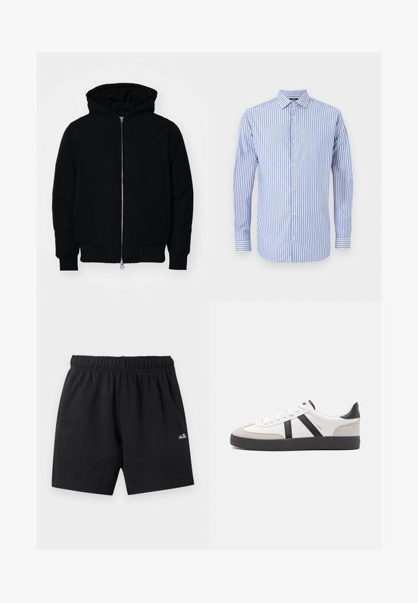 Veste à capuche noire avec fermeture éclair sur le devant, poche kangourou, poignets et ourlet côtelés, présentée sur un fond blanc uni.; Chemise à rayures bleues et blanches, à boutonnage avec col, manches longues et ourlet droit. Tissu doux et coupe classique.; Shorts noirs mi-longueur avec taille élastique, poches latérales et petit logo blanc ellesse sur la jambe gauche.; Baskets blanches avec des accents noirs et gris, présentant un embout texturé gris, une semelle en caoutchouc noir et des lacets plats blancs. Design épuré, style minimaliste.