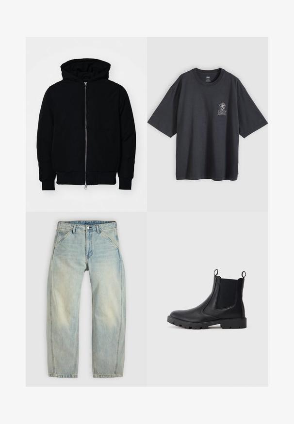 Veste à capuche noire avec fermeture éclair sur le devant, poche kangourou, poignets et ourlet côtelés, présentée sur un fond blanc uni.; T-shirt noir oversize à manches courtes, col rond, avec un petit motif de fleur blanche et du texte sur le côté gauche de la poitrine.; Jean large couleur bleu clair en denim. Comprend cinq poches, une fermeture par bouton et des zones délavées pour un aspect usé.; Bottines Chelsea en cuir noir avec panneaux élastiques sur les côtés, bout rond et semelle texturée. Comprend des languettes pour un enfilage facile.