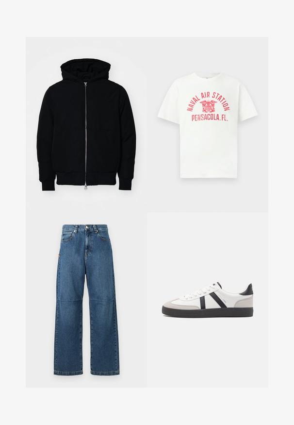 Veste à capuche noire avec fermeture éclair sur le devant, poche kangourou, poignets et ourlet côtelés, présentée sur un fond blanc uni.; T-shirt blanc à manches courtes avec le texte rouge "NAVAL AIR STATION PENSACOLA, FL." et un emblème d'aigle au centre à l'avant.; Jeans en denim bleu avec une coupe relaxée, des jambes droites, des coutures visibles et une fermeture à bouton à l'avant. Comprend une poche latérale avec un accent.; Baskets blanches avec des accents noirs et gris, présentant un embout texturé gris, une semelle en caoutchouc noir et des lacets plats blancs. Design épuré, style minimaliste.
