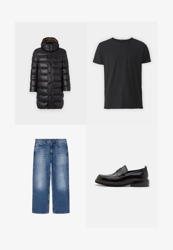 Manteau en duvet noir matelassé avec une capuche, présentant une texture brillante, une fermeture à boutons sur le devant et une doublure marron contrastante.; T-shirt noir à manches courtes en coton doux, avec un col ras du cou classique et une texture lisse, avec une coupe droite.; Jean en denim bleu délavé, coupe droite, avec cinq poches et fermeture par boutons, présenté à plat sur fond blanc.; Calvin Klein MOCCASIN - Mocassins de ville - black