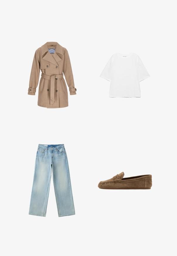 Manteau en mélange de laine beige avec un design croisé, un large col, une ceinture à la taille et des poignets boutonnés. Il possède deux poches latérales et une étiquette à l'intérieur.; T-shirt blanc oversize à manches courtes avec col rond, design uni, et coutures d'épaule tombantes sur fond blanc.; Jean large bleu clair avec poches avant, taille avec fermeture par bouton et détails délavés subtils sur les cuisses.; Mocassin en daim marron avec détails de coutures, petit talon et bride sur le dessus, montré de profil sur fond blanc.