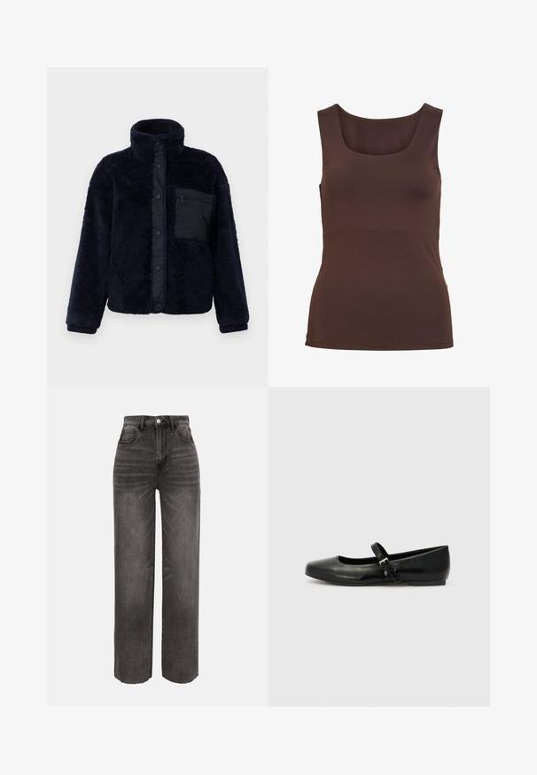 Marineblauwe fleece jas met een hoge kraag, drukknoopsluiting en een gestructureerd oppervlak. Beschikt over een zwarte ritszak op de linkerborst.; Mouwloze bruine tanktop met vierkante halslijn en aansluitende pasvorm, weergegeven op een effen witte achtergrond.; Zwarte, wijd uitlopende denim jeans met hoge taille, voorkantzakken, knoopsluiting en riemlussen, gewassen effect, tegen een effen achtergrond.; Zwarte leren balletschoenen met een ronde neus, een platte zool en een dunne verstelbare band over de wreef met een metalen gesp.