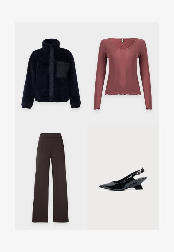 Marineblauwe fleece jas met een hoge kraag, drukknoopsluiting en een gestructureerd oppervlak. Beschikt over een zwarte ritszak op de linkerborst.; Top met lange mouwen in zachtroze, met geribbelde textuur, ronde halslijn, gegolfde zoom en manchetten, gemaakt van zacht gebreid materiaal.; Donkerbruine, wijde broek van zacht stof. Voorzien van een platte tailleband en twee voorzakken, ontworpen voor comfort en bewegingsvrijheid.; Zwarte lakleren slingback schoen met spitse neus en lage schuine blokhak op een effen lichte achtergrond.