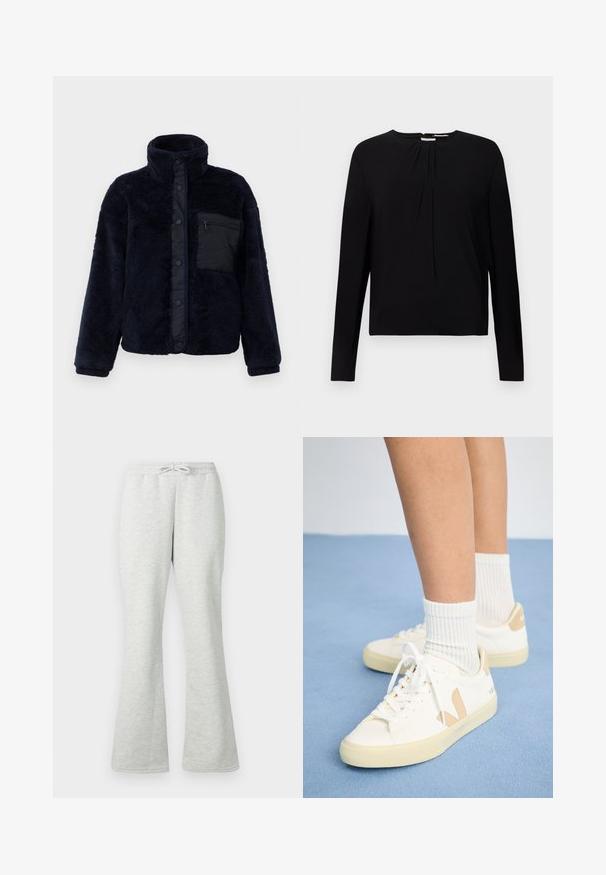 Veste en polaire bleu marine avec un col haut, des boutons-pression et une finition texturée. Présente une poche zippée noire sur le côté gauche de la poitrine.; Haut noir à manches longues avec une texture côtelée, encolure ronde et détails plissés à l'avant, offrant une coupe décontractée.; Pantalon de survêtement gris clair avec taille élastique et cordon de serrage, jambes droites, et tissu en coton doux.; Baskets blanches avec des accents beige, bout rond et lacets blancs. Portées avec des chaussettes blanches côtelées, sur un fond bleu clair.