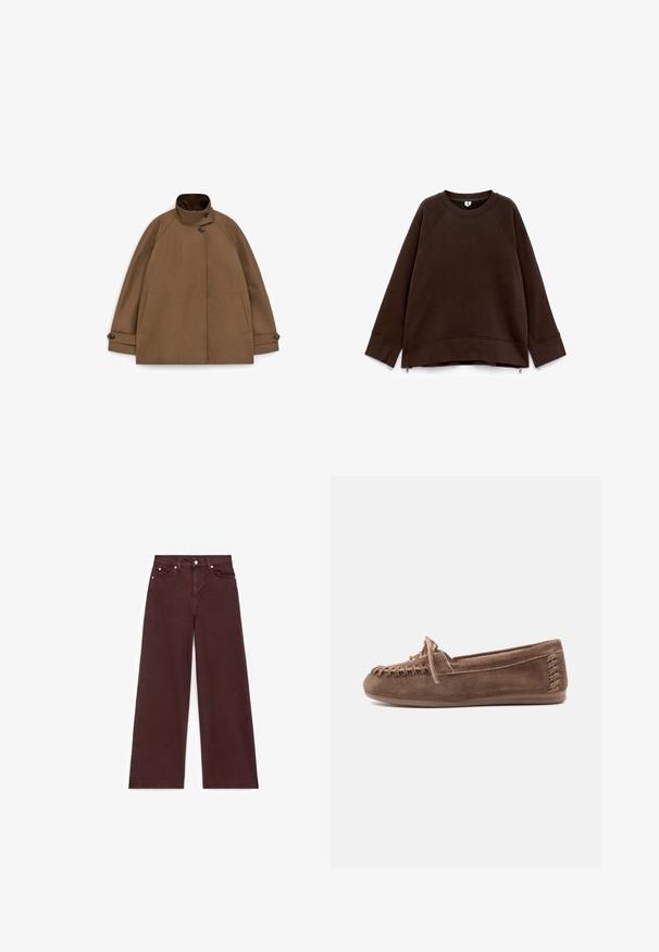 Manteau marron boutonné avec col montant, deux poches avant et poignets à boutons, posé à plat sur un fond blanc.; Sweatshirt long à manches longues marron foncé avec un col rond, des épaules tombantes, des poignets larges et de petites fermetures éclair sur les côtés à l'ourlet.; Jean large en coton bordeaux profond. Comprend cinq poches, un matériel métallique argenté et une finition texturée avec une taille haute.; Mocassin plat en suède marron avec surpiqûres décoratives, nœud en lacet sur le dessus et semelle plate en caoutchouc, présenté en profil latéral.