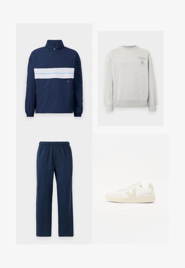 Marineblaues Pullover-Jackett mit hohem Kragen, ausgestattet mit einem weißen horizontalen Streifen und einem hellblauen Akzent über der Brust. Elastische Bündchen.; Hellgraues Sweatshirt mit Rundhalsausschnitt, langen Ärmeln und kleinem "ellesse Italia"-Logo auf der oberen linken Brust.; Marineblaue Hosen mit elastischem Bund und entspannter Passform. Mit vertikalen Nähdetails und weichem Baumwollstoff.; Weißer Sneaker mit beigen Akzenten, ausgestattet mit einem strukturierten Obermaterial, runder Zehenpartie und einer dicken Gummisohle. Das Design umfasst das ikonische V-Logo und Branding.