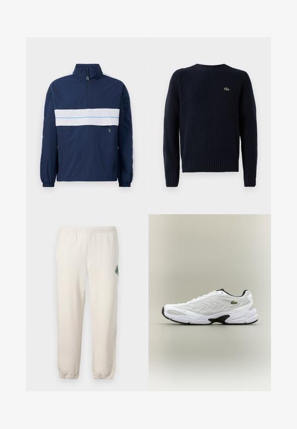 Veste à col montant bleu marine avec une rayure horizontale blanche et un accent bleu clair sur la poitrine. Poignets élastiques.; Pull en tricot bleu marine avec une texture côtelée, encolure ronde et manches longues. Présente un petit logo vert dans le coin supérieur gauche du dos.; Pantalon de jogging beige clair en coton, doté d'une taille élastique, de poignets en côtes et d'un logo vert avec un design de feuille sur la jambe gauche.; Baskets de sport blanches avec un dessus en mesh texturé, un design courbé et une semelle noire contrastante. Présente un logo brodé vert sur le côté.