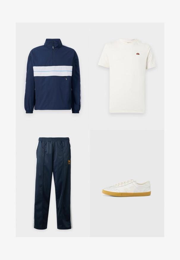 Mørkeblå pulloverjakke med højt krave, med en hvid vandret stripe og lyseblå detaljer hen over brystet. Elastiske manchetter.; Hvid kortærmet t-shirt med rund hals og lille rød og orange logo på venstre bryst mod en ensfarvet baggrund.; Marineblå træningsbukser med hvide sidelister, elastisk linning, forlommer og et lille orange logo på højre lår.; Hvid lædersneaker med en glat tekstur, med en beige 'V'-logo, rund tå, snørelukning og en sål af gumgummi.
