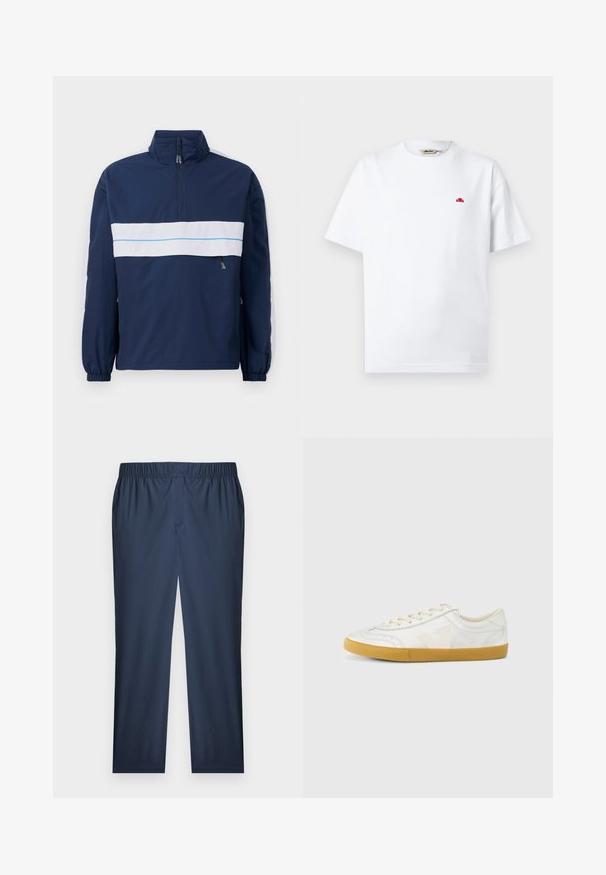 Mørkeblå pulloverjakke med højt krave, med en hvid vandret stripe og lyseblå detaljer hen over brystet. Elastiske manchetter.; Hvid T-shirt med korte ærmer og rund hals, med lille rødt logo på venstre bryst og mærke fra mærket indeni kraven.; Mørkeblå elastik-bukser med lige ben, lavet af et subtilt tekstureret stof og med flad front.; Hvid lædersneaker med en glat tekstur, med en beige 'V'-logo, rund tå, snørelukning og en sål af gumgummi.