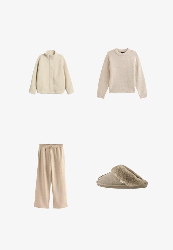 Veste en polaire de couleur crème avec un col montant, coupe décontractée et coutures visibles. Surface douce et texturée sans caractéristiques ou quincaillerie supplémentaires.; Pull en tricot beige à col rond, à manches longues et avec un ourlet côtelé. Tissu texturé au toucher doux. Design simple et polyvalent.; Pantalons larges de couleur crème en tissu doux en mélange de coton. Ils présentent une taille élastique avec cordon de serrage et une texture subtilement mouchetée.; Chausson beige à enfiler avec une doublure douce et pelucheuse en fourrure autour de l'ouverture et une semelle extérieure effet daim.