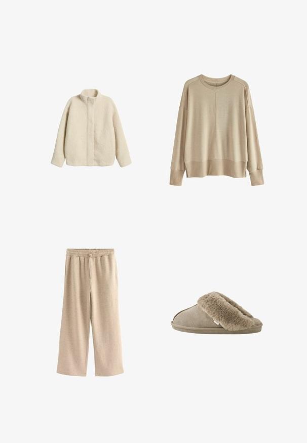 Cremefarvet fleecejakke med høj krave, afslappet pasform og synlige sømme. Blød, struktureret overflade uden ekstra funktioner eller hardware.; Beige strikket sweater med en afslappet pasform, ribbede manchetter og kant, rund halsudskæring og dropped shoulders. Blød tekstur med minimale sømme.; Beige vide benbukser lavet af blødt stof, med en elastisk talje og snor, og en diskret prikket tekstur hele vejen igennem.; Beige slip-on tøfler med blød, plyssede pelsforing omkring åbningen og en ydersål med ruskindslignende overflade.