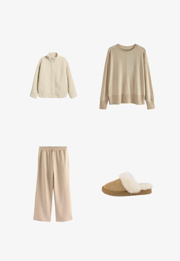 Cremefarvet fleecejakke med høj krave, afslappet pasform og synlige sømme. Blød, struktureret overflade uden ekstra funktioner eller hardware.; Beige strikket sweater med en afslappet pasform, ribbede manchetter og kant, rund halsudskæring og dropped shoulders. Blød tekstur med minimale sømme.; Beige vide benbukser lavet af blødt stof, med en elastisk talje og snor, og en diskret prikket tekstur hele vejen igennem.; Tan ruskinds slippers med en cremefarvet faux fur krave, rund tå og tekstureret gummisål. Har et slip-on design for nem påføring.