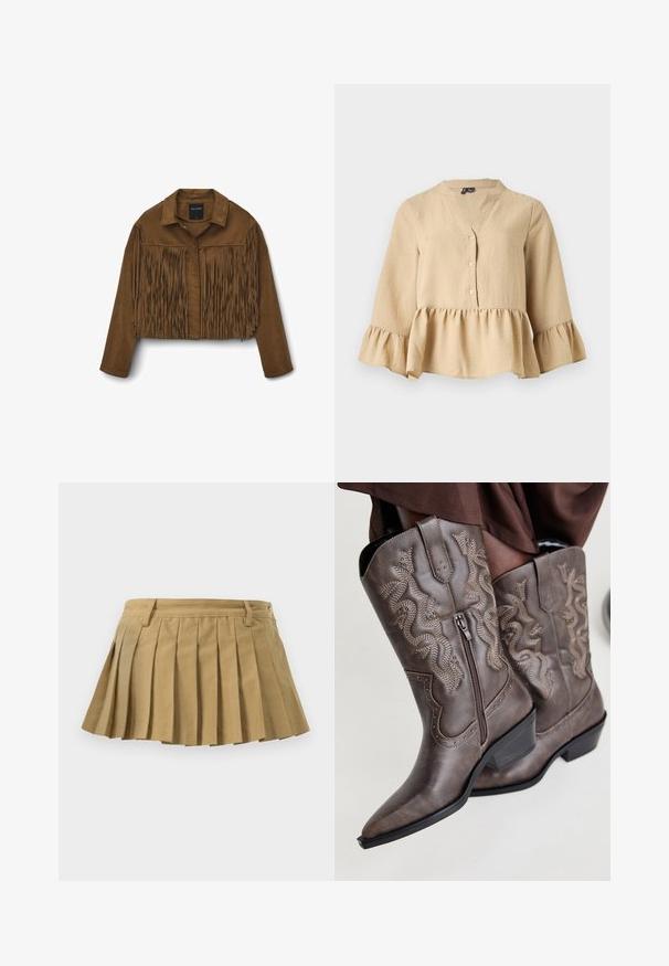 Braune Wildleder-Cropped-Jacke mit Fransenverzierungen an der Vorderseite und den Ärmeln, mit einem Kragen und Knopfverschluss.; Beige Langarmbluse mit V-Ausschnitt, drei Knöpfen vorne und Rüschen an Saum und Manschetten auf einfarbigem Hintergrund.; Plissierter Rock aus beige Stoff, mit einem figurschmeichelnden Taillenbund, mehreren Falten und einem geraden Saum. Keine sichtbaren Verschlüsse oder Akzente.; Braune Leder-Cowboystiefel mit einer spitzen Zehenpartie, Seitenreißverschluss und einem strukturierten Schlangendesign in Beige, mit dekorativen Nieten entlang der Kanten.
