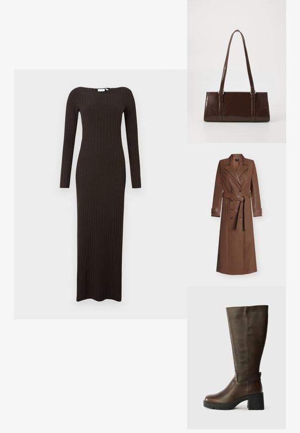 Long manteau trench en cuir marron avec boutons croisés, larges revers, taille ceinturée et détails aux poignets, présenté sur fond blanc.; Robe longue moulante en tissu côtelé de couleur brun foncé, avec manches longues et encolure bateau. Texture lisse avec une coupe longue jusqu'au sol.; Bottine en cuir marron jusqu'au genou avec un talon épais noir et une finition texturée. Présente un bout rond et des détails de couture latérale subtils.; Sac à main en cuir verni marron de forme rectangulaire, avec deux longues poignées et des accents courbés subtils à l'avant.