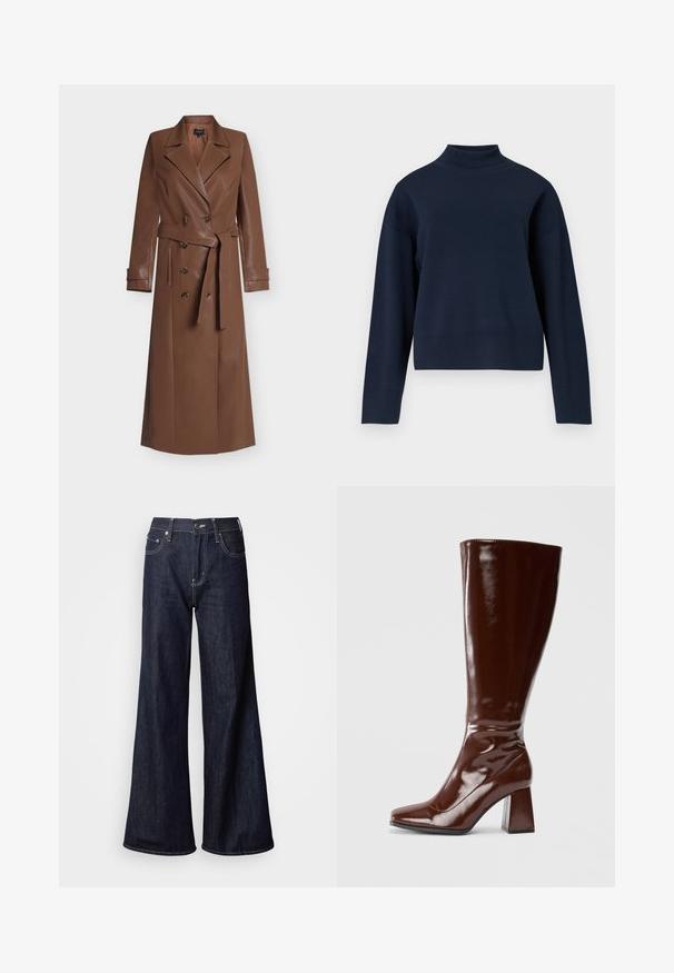 Long manteau trench en cuir marron avec boutons croisés, larges revers, taille ceinturée et détails aux poignets, présenté sur fond blanc.; Pull roulé bleu marine avec une coupe décontractée, manches longues et col et ourlet côtelés ; fabriqué en matériau tricoté doux et texturé.; Jean à jambes larges en denim foncé, présentant une taille haute, cinq poches, des coutures blanches contrastantes et une texture lisse.; Bottes en cuir verni marron jusqu'aux genoux avec un bout carré, finition brillante et un talon épais pour la stabilité. Design sans couture sans matériel visible.
