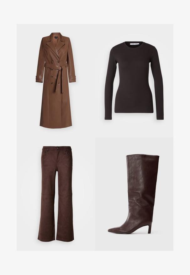 Long manteau trench en cuir marron avec boutons croisés, larges revers, taille ceinturée et détails aux poignets, présenté sur fond blanc.; Haut noir à manches longues en tissu doux et extensible. Il présente un col rond et une coupe ajustée avec une texture lisse et sans motifs visibles.; Pantalons évasés marron en tissu doux semblable à du daim. Comprend quatre poches, une fermeture à bouton et une surface lisse et texturée.; Botte en cuir marron foncé, haute et à bout pointu, avec un talon slim de hauteur moyenne sur fond blanc uni.