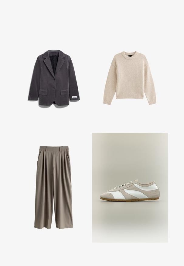 Blazer de pana gris con solapa de muesca, dos bolsillos frontales, cierre de un botón y etiqueta en la manga. Tejido texturizado y corte entallado.; Jersey de punto beige con cuello redondo, mangas largas y dobladillo acanalado. Tela texturizada con una apariencia suave. Diseño simple y versátil.; Pantalones beige de pierna ancha con pliegues, trabillas para cinturón y bolsillos laterales, diseñados para un corte relajado.; Zapatilla de perfil bajo con superposición de ante beige, paneles de cuero blanco, cordones beige y suela de goma, mostrada de lado sobre un fondo neutro.