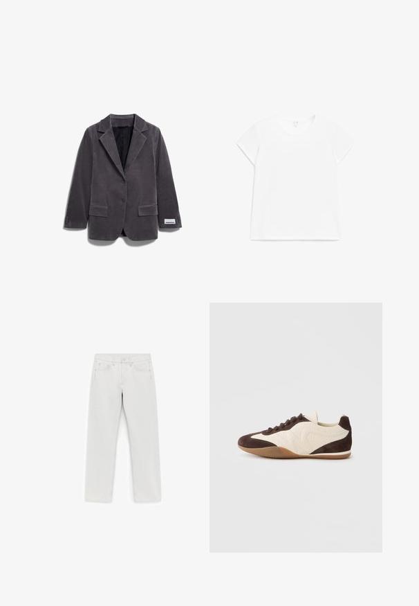 Blazer de pana gris con solapa de muesca, dos bolsillos frontales, cierre de un botón y etiqueta en la manga. Tejido texturizado y corte entallado.; Camiseta blanca de manga corta con cuello redondo y ajuste regular, presentada plana sobre un fondo blanco.; Vaqueros blancos de pierna recta con botón y cremallera delanteros, cinco bolsillos y trabillas para cinturón, colocados planos sobre un fondo blanco.; Zapatilla marrón y crema que combina materiales texturizados y lisos, perfil bajo, diseño con cordones y suela de goma.