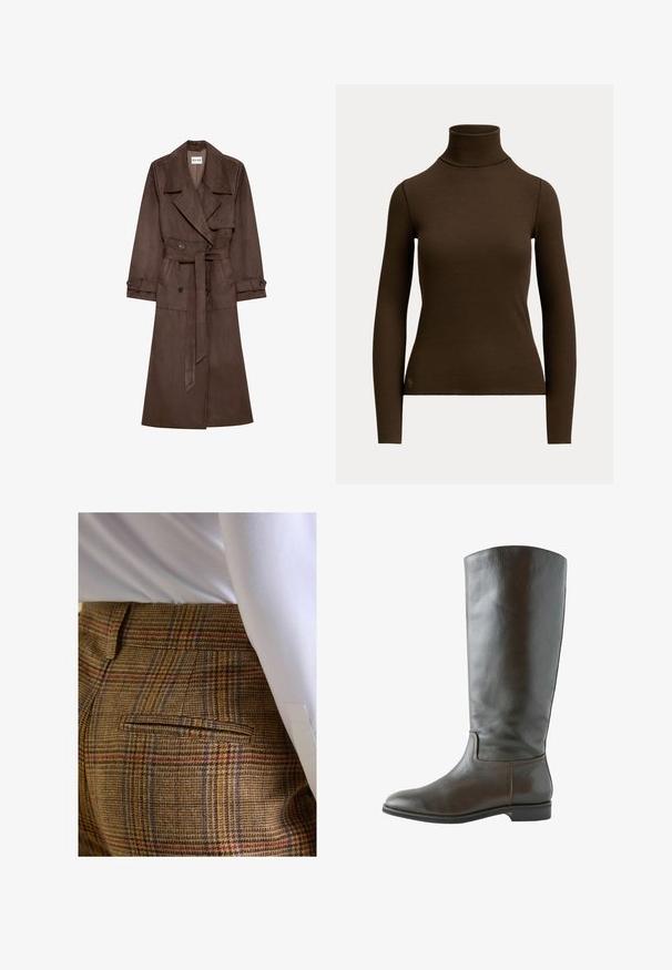 Abrigo trench de ante sintético marrón, con cinturón, cuello ancho, mangas largas y botones dobles en la parte delantera. Textura suave y corte entallado.; Jersey de cuello alto acanalado de manga larga en marrón oscuro con silueta ajustada y pequeño logo cerca del dobladillo inferior en el lado frontal izquierdo.; Pantalones marrones de cuadros con un tejido texturizado. Presentan líneas azules y rojas, un bolsillo trasero y un corte entallado. Combinados con una camisa blanca.; Bota de cuero marrón hasta la rodilla con una textura suave, punta redonda y detalle de costura mínimo. La suela es plana con un tacón bajo.