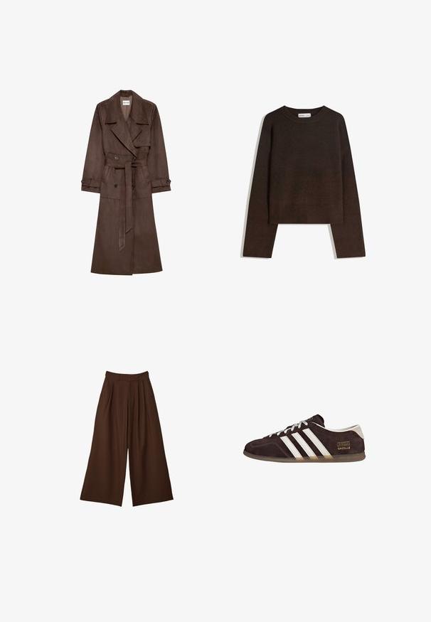 Brauner Kunstsuede Trenchcoat mit Gürtel, breitem Kragen, langen Ärmeln und doppelter Knopfleiste. Glatte Textur und taillierte Passform.; Brauner Strickpullover mit rundem Ausschnitt, heruntergesetzten Schultern und gerippten Bündchen an Ärmeln und Saum. Weiche Textur, kurzes Design. Keine sichtbaren Muster oder Verzierungen.; Braune weit geschnittene Hosen mit Falten, seitlichen Taschen und hoher Taille mit Gürtelöffnungen, auf einem weißen Hintergrund präsentiert.; Braune Wildleder-Sneaker mit drei weißen Streifen, Gummisohle und Textlabel "Gazelle" in Gold. Schnürdesign mit grauen Schnürsenkeln.