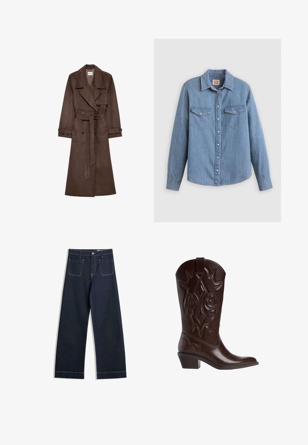 Brauner Kunstsuede Trenchcoat mit Gürtel, breitem Kragen, langen Ärmeln und doppelter Knopfleiste. Glatte Textur und taillierte Passform.; Hellblaues Jeanshemd mit langen Ärmeln, Knopfleiste vorne, zwei Brusttaschen und klassischem Kragen. Glatte Textur und lockere Passform.; Dunkelblaue weite Jeans aus Denim mit kontrastierendem hellbraunem Nähen, zwei Gesäßtaschen und einem Knopfverschluss an der Taille.; Brauner Cowboy-Stiefel aus Leder mit aufwendigen Stickmustern, spitzer Zehenpartie und einem gestapelten Absatz. Verfügt über eine Zuglasche oben für einfaches An- und Ausziehen.