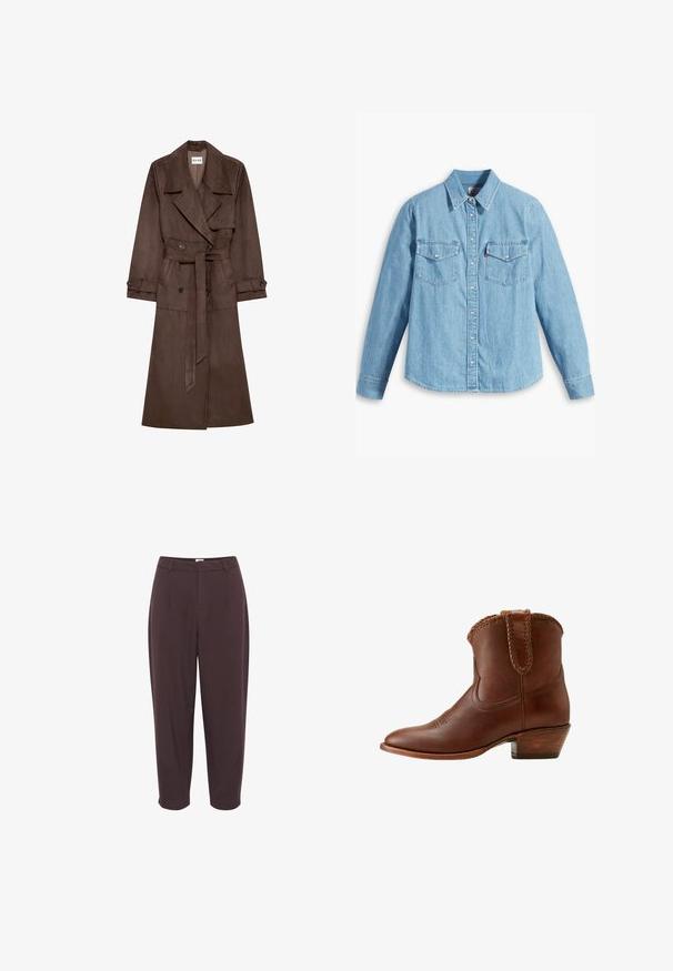 Abrigo trench de ante sintético marrón, con cinturón, cuello ancho, mangas largas y botones dobles en la parte delantera. Textura suave y corte entallado.; Camisa de mezclilla azul claro con mangas largas, cuello puntiagudo, dos bolsillos en el pecho, botonera y una textura sutil. Sin patrones visibles.; Pantalones de tiro alto, de color marrón oscuro, con un corte relajado, frente plisado y pierna ajustada, que presentan una textura suave y sin herrajes visibles.; Bota cowboy de cuero marrón hasta el tobillo con adorno trenzado y lazo para tirar, tacón de madera apilado y punta puntiaguda, vista de perfil.