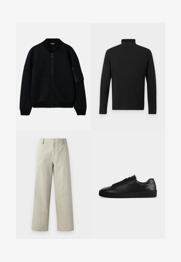Veste bomber noire à fermeture éclair avec col et poignets côtelés, dotée d'une poche zippée sur le bras et d'une texture lisse.; Chandail à col roulé noir en tissu lisse. Doté de manches longues et d'un col haut. Design simple sans motifs ni accents supplémentaires.; Han Kjøbenhavn WIDE LEG - Pantalon classique - light grey; Basket basse en cuir noir avec lacets noirs, semelle en caoutchouc texturée et petit logo embossé sur le côté, présenté de profil sur fond gris.