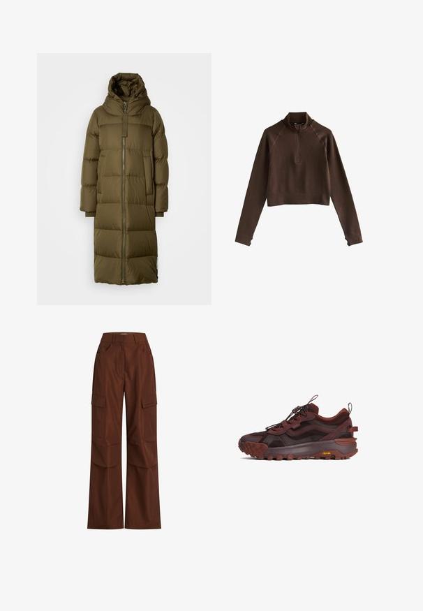 Olijfgroen gewatteerde jas met een capuchon, lange uitstraling, voorrits, gevoerd textuur en zijzakken; ribbelige mouwmanchetten.; Bruine cropped pullover met een hoge kraag, halve rits en ribbelstructuur. Heeft aansluitende lange mouwen met duimopeningen en raglannaden.; Bruine cargo broek met wijde pijpen, meerdere zijvakken, een hoge taille en stevig katoen met een gladde textuur.; Donkerbruine en zwarte trailrunning-schoen met dikke Vibram-zool, treklussen en elastische veters, zijaanzicht op een witte achtergrond.