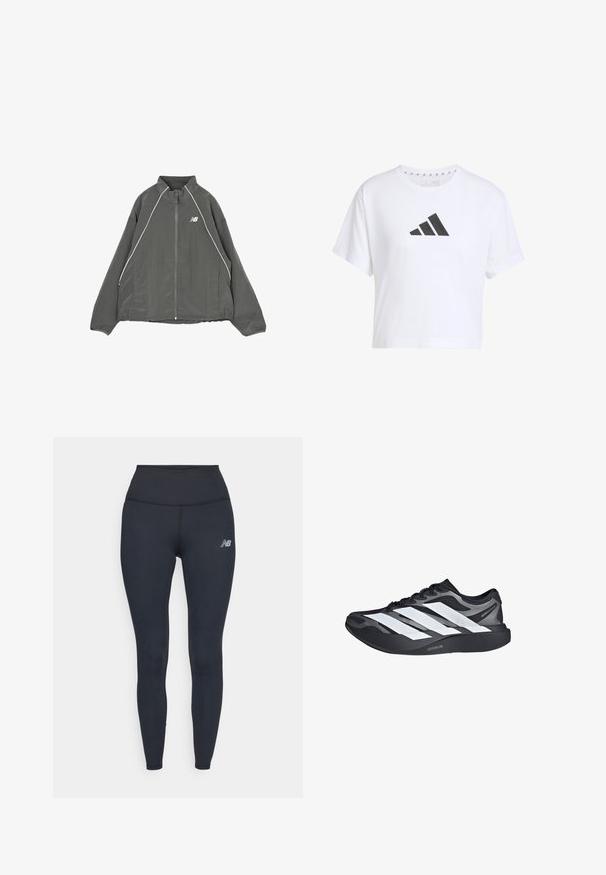 Γκρι μπουφάν New Balance με φερμουάρ, με λευκή ρίγα κατά μήκος των ώμων και ελαστικά μανσέτες, σχεδιασμένο για καθημερινή ή αθλητική χρήση.; Λευκό κοντό μπλουζάκι από βαμβάκι με μαύρο λογότυπο τριών ρίγων στο μπροστινό μέρος, με κοντά μανίκια και στρογγυλή λαιμόκοψη.; Μαύρο κολάν με ψηλή μέση, φτιαγμένο από ελαστικό υλικό, με κομψό σχέδιο και μικρό ανακλαστικό λογότυπο στο μηρό.; Μαύρο και γκρι αθλητικό παπούτσι με τρεις μεγάλες λευκές ρίγες στο πλάι και παχύ μαύρο πέλμα με την ένδειξη "Lightstrike Pro".