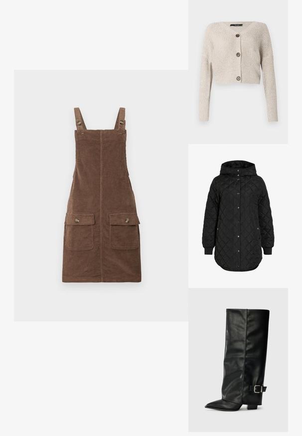 Sort quiltet jakke med hætte, der har knaplukning, ribbede manchetter og en længere forneden. Stofoverfladen er glat med en mat finish.; Afskåret cardigan i lysebrun strik, med V-hals, lange ærmer og to store brune knapper foran. Struktureret stof.; Brun fløjl overallkjole med justerbare stropper, to forlommer og en centralseam. Struktureret stof med et blødt udseende.; Sorte læder ankelstøvler i ankellængde med spids tå, glat tekstur og en sølvspændeaccents på siden. Kraftig firkantet hæl.