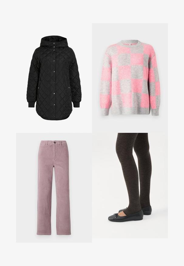 Chaqueta negra acolchada con capucha, que presenta un cierre de botón, puños canalé y un dobladillo más largo. La tela es suave con un acabado mate.; Suéter de punto a cuadros en rosa y gris con cuello redondo, mangas largas y puños y dobladillo acanalados. Textura suave con un ajuste relajado.; Pantalones de pana en malva claro con corte recto. Cuentan con un cierre frontal de botón y una textura de rayas verticales.; Piernas con leggings oscuros acanalados combinados con bailarinas negras que presentan pequeños detalles de lazo sobre un fondo blanco.