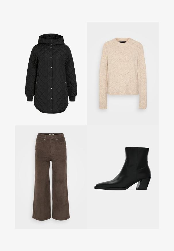 Chaqueta negra acolchada con capucha, que presenta un cierre de botón, puños canalé y un dobladillo más largo. La tela es suave con un acabado mate.; Suéter de punto beige con cuello redondo, puños y dobladillo acanalados, que presenta un acabado suave y texturizado con motas de colores más oscuros.; Pantalones de pana ancha de color marrón con una textura acanalada, cinco bolsillos y cierre de botón frontal. Cuenta con una etiqueta en la cintura.; Bota de tobillo de cuero negro con punta afilada, una silueta elegante y un tacón cuadrado grueso. Textura suave con detalles de costura mínimos.