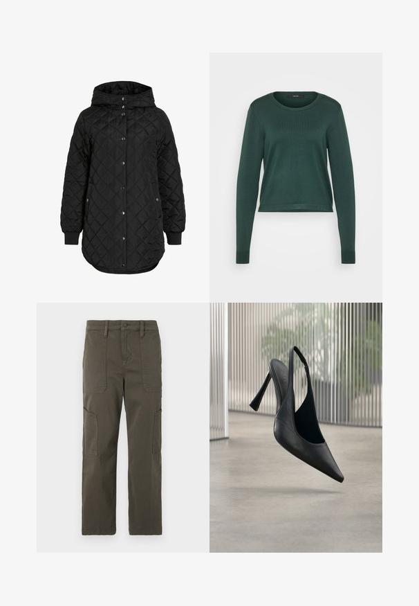 Schwarze gesteppte Jacke mit Kapuze, ausgestattet mit einem Knopfverschluss, gerippten Bündchen und einem längeren Saum. Der Stoff ist glatt mit matter Oberfläche.; Grüner Pullover, gerippte Textur, Rundhalsausschnitt, lange Ärmel und cropped Länge. Glattes Material in einer einheitlichen Farbe ohne sichtbare Muster oder Akzente.; Good American CROPPED PANTS - Cargohose - fatigue; Schwarzer Leder Slingback-Stiletto mit spitzer Schuhspitze, schwebt über einem glatten Betonboden und einem vertikalen Metallpaneel im Hintergrund.
