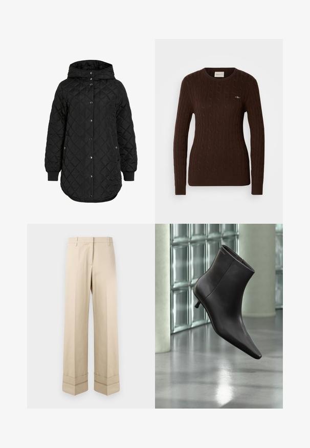 Chaqueta negra acolchada con capucha, que presenta un cierre de botón, puños canalé y un dobladillo más largo. La tela es suave con un acabado mate.; Suéter marrón de canalé con cuello redondo, con textura de punto de cable y un pequeño logo bordado en el pecho. Mangas largas.; Pantalones beige de corte recto, con un doble puño en el dobladillo y un diseño de frente plano. Fabricados en una tela suave y duradera.; Bota de cuero negro para el tobillo con puntera puntiaguda y tacón pequeño, exhibida frente a una pared de bloques de vidrio y un suelo pulido.