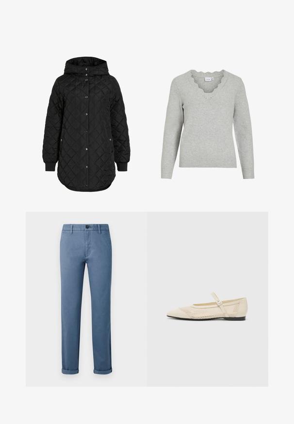 Sort quiltet jakke med hætte, der har knaplukning, ribbede manchetter og en længere forneden. Stofoverfladen er glat med en mat finish.; Lys grå sweater med lange ærmer og V-udskæring. Har scallopedkant detaljer og en blød strikket tekstur. Minimalistisk design.; Blå afslappede bukser med knaplukning, bæltestropper, sidelommer og manchetter ved anklerne på en hvid baggrund.; Beige balletflader med spids tå, mesh design overlay og en side spænde. Flad sål med en glat tekstur.