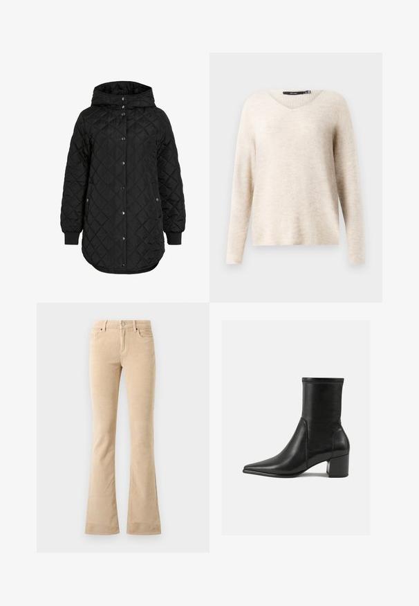 Sort quiltet jakke med hætte, der har knaplukning, ribbede manchetter og en længere forneden. Stofoverfladen er glat med en mat finish.; Beige v-hals sweater med lange ærmer, lavet af tekstureret strikstof. Har en afslappet pasform og ribbede detaljer langs kanterne.; Beige fløjsbukser med flagrende ben, tekstureret finish, to frontlommer, lynlås og detalje med sølvfarvet knap.; Sorte ankelstøvler lavet af glat læder, med spids tå, en blokhæl og markant hævet syning ved den øverste kant.