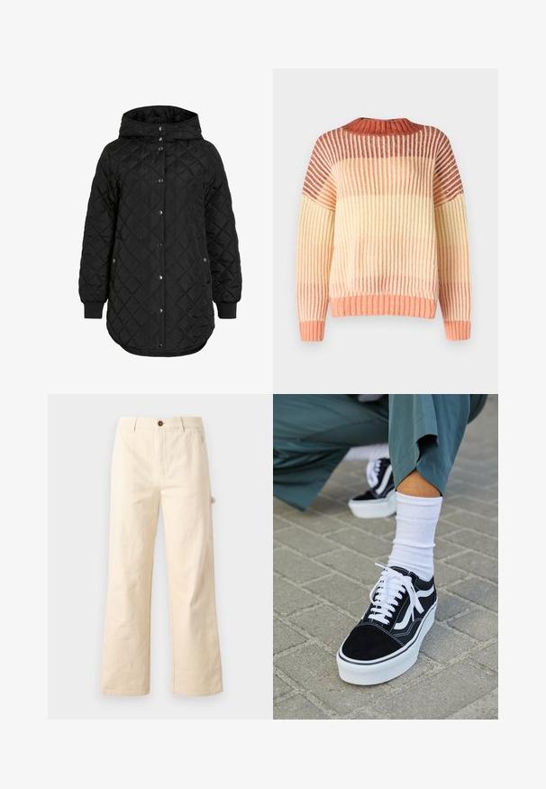 Čierna prešívaná bunda s kapucňou, so zapínaním na gombíky, rebrovanými manžetami a dlhším lemom. Tkanina je hladká s matným povrchom.; Rip Curl SOLEIL - Svetrík - burnt red; Béžové široké nohavice vyrobené z bavlny s gombíkovým zapínaním, ktoré majú bočné vrecká a čistý, minimalistický dizajn.; Čierne semišové tenisky s bielymi akcentmi a šnúrkami, s hrubou bielou podrážkou a kontrastným prešívaním, doplnené o bielu ponožku.