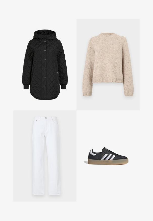 Chaqueta negra acolchada con capucha, que presenta un cierre de botón, puños canalé y un dobladillo más largo. La tela es suave con un acabado mate.; Suéter de punto beige con cuello redondo, mangas largas y puños acanalados. Fabricado en una mezcla de lana texturada con sutiles motas en todo el tejido.; Los vaqueros de denim blanco cuentan con un ajuste relajado, pierna recta, diseño de cinco bolsillos, cierre frontal con botón y remaches en tono cobre.; Zapatilla deportiva de cuero negro con tres rayas plateadas, punta texturizada y suela de goma. Cuenta con un collar acolchado y un diseño con cordones.
