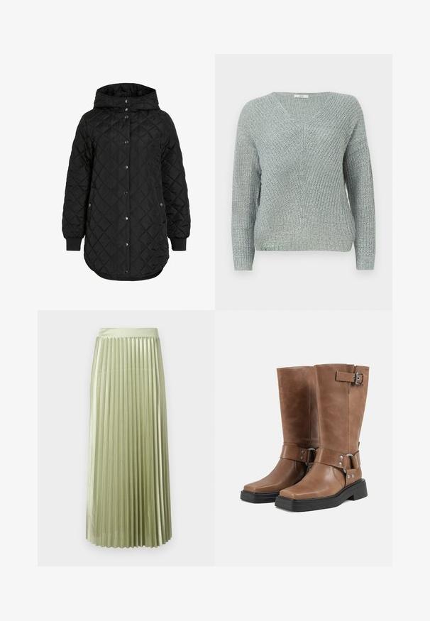Schwarze gesteppte Jacke mit Kapuze, ausgestattet mit einem Knopfverschluss, gerippten Bündchen und einem längeren Saum. Der Stoff ist glatt mit matter Oberfläche.; Himmelblauer Strickpullover mit V-Ausschnitt, langen Ärmeln und strukturiertem Muster. Mit gerippten Bündchen und Saum.; Faltender Midirock aus leicht grünem Satin mit glatter Textur. Figurbetonter Bund, fällt bis zur Mitte der Wade, mit gleichmäßigen vertikalen Falten im gesamten Rock.; Paar braune Lederstiefel bis zur Mitte der Wade mit schwarzen klobigen Sohlen, seitlichen Riemen mit Metallschnallen und Nieten sowie eckigen Zehen.