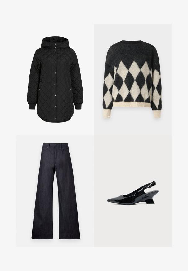 Sort quiltet jakke med hætte, der har knaplukning, ribbede manchetter og en længere forneden. Stofoverfladen er glat med en mat finish.; Sort og cremefarvet oversized sweater med diamantmønster, lavet af blødt struktureret stof med ribkant i bunden og på ærmerne.; Bredde ben mørke denim jeans med en glat tekstur, traditionelt fem-lomme design og en subtil glans med en knaplukning.; Sort laklæder slingback sko med spids tå og lav vinklet blokhæl på ensartet lys baggrund.
